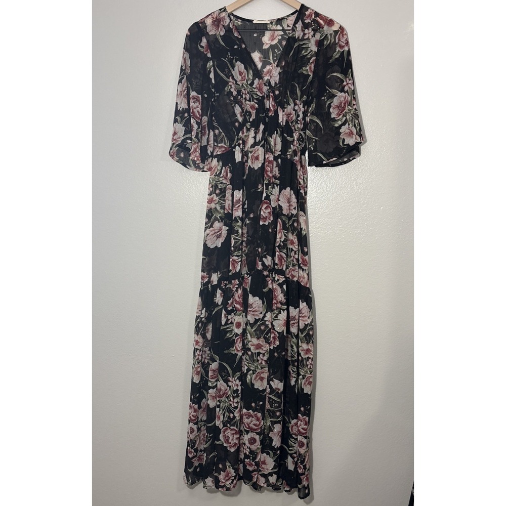 Lovestitch Maxi Dress Size Small Black Floral Sheer Short Sleeve Flowy Boho